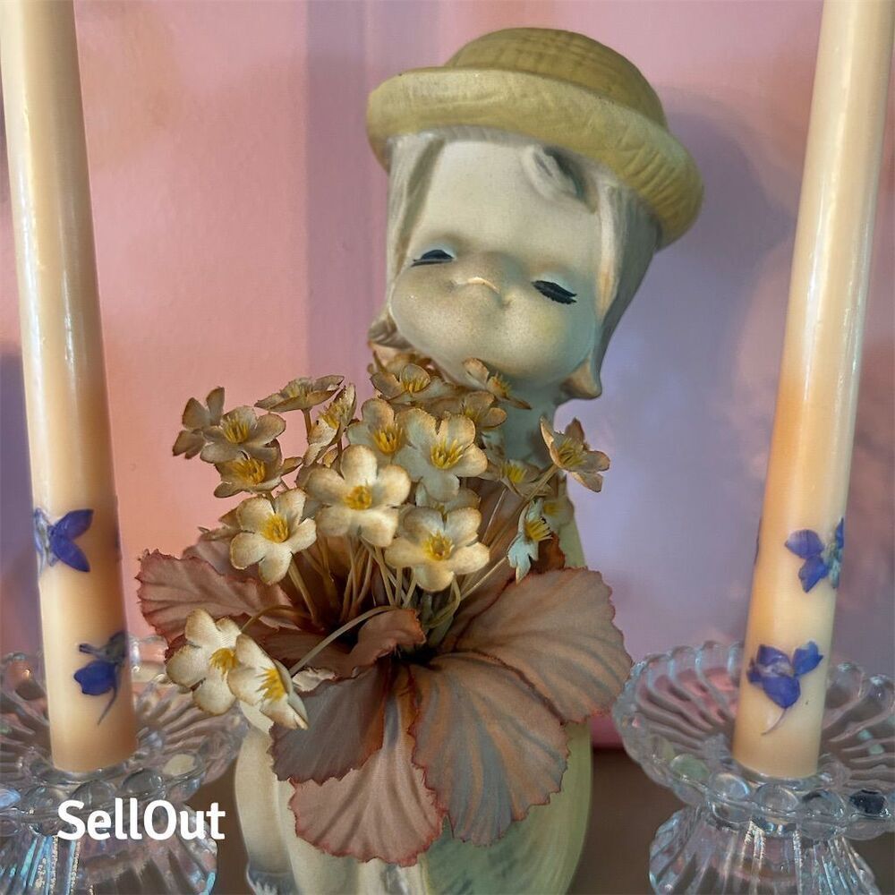 Vintage Girl Figurine with Flowers Multicolor Decorative Decor 1970s